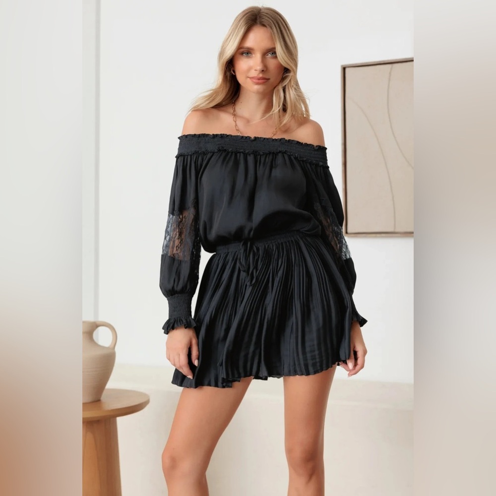 Smocked Off-Shoulder Lace Sleeve Mini Dress - Picture 2 of 7